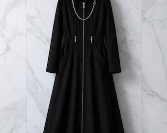 Men's Black Anime Kingdom Hearts Coat: Wool Blend, Chain Detail, Floor-Length Hooded Cloak