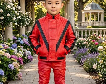 Thriller Michael Jackson Red Leather Kids Jacket & Pant Costume | 1980s Pop Star Outfit | Boys Halloween Cosplay