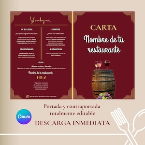Puede incluir: Una plantilla de menú de restaurante color burdeos con un barril de vino de madera coronado por tres copas de vino y un racimo de uvas. El diseño incluye secciones de texto para platos del día, eventos e información de contacto.