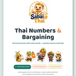 Op de afbeelding: Een digitale educatieve gids getiteld Sabai Thai: Thai Numbers & Bargaining. Het bevat een cartoon aap, bij, krokodil, olifant, buffel en otter. Het document bevat tekst over native audio, 60 zinnen, flashcards en een spiekbriefje.