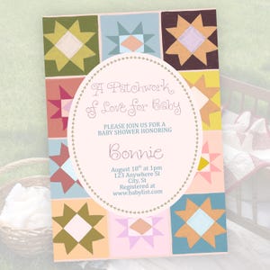 May include: A rectangular baby shower invitation featuring a colorful patchwork quilt pattern with various star motifs in shades of olive, blue, pink, and orange. A central oval frame contains the text A Patchwork of Love for Baby, Bonnie, and event details.