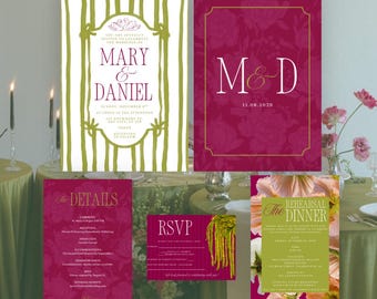 May include: A wedding stationery set featuring a white invitation with green stripes and text Mary & Daniel, a deep magenta card with M&D, a details card, an RSVP card with a yellow floral accent, and a rehearsal dinner card with floral imagery.