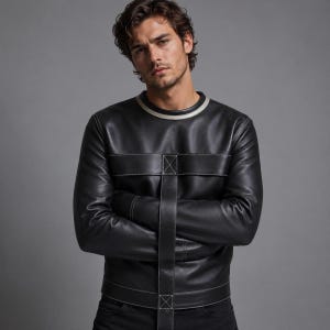 Può includere: Un maglione a maniche lunghe in pelle nera con scollo rotondo e bordo grigio chiaro. Il capo presenta un cinturino in pelle orizzontale sul petto e un cinturino verticale che scende verso il basso, entrambi con cuciture bianche a contrasto.