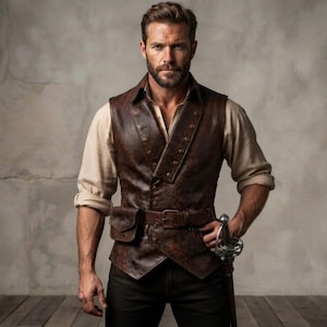 May include: A dark brown leather vest featuring a double-breasted button front, a matching leather belt with an attached small pouch, and a light beige long-sleeved shirt. The vest has a structured collar and a weathered, textured finish.