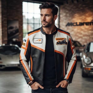 Può includere: Una giacca da corsa in pelle nera, bianca e arancione con il logo McLaren, una grafica di un'auto di Formula 1 e il marchio Pirelli. La giacca presenta un colletto alla coreana, una cerniera frontale integrale e maniche lunghe con strisce arancioni.
