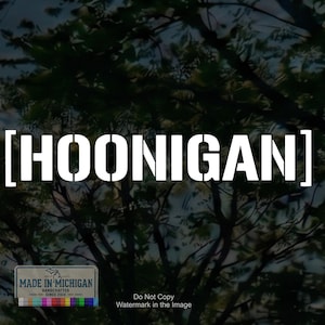 May include: A white decal featuring the text [HOONIGAN] in a bold, stencil-style font. The decal is displayed against a dark, out-of-focus background of tree branches. A small rectangular label in the corner reads MADE IN MICHIGAN.