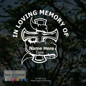 In Loving Memory Cross Decal Sticker - Personalized Memorial Car Window Decal - Custom Name and Date Remembrance Vinyl Decal