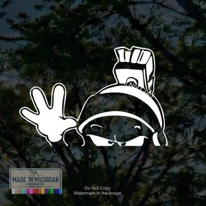 Marvin Martian Vinyl Decal Sticker Peeking Waving Alien Peeker Car Window Laptop Decal Cartoon Sci Fi Cute Bumper Sticker Gift