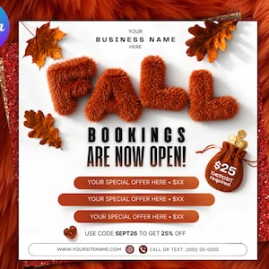 Könnte beinhalten: Ein quadratischer Werbeflyer mit weißem Hintergrund, der den flauschigen, strukturierten orangefarbenen Text FALL, die Worte BOOKINGS ARE NOW OPEN, drei orangefarbene horizontale Balken für Angebote, einen kleinen braunen Beutel mit Goldmünzen und Herbstblätter zeigt.
