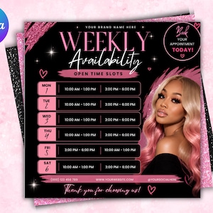Op de afbeelding: Een zwart-roze sjabloon voor een wekelijkse beschikbaarheidsflyer met een rooster voor maandag tot en met zaterdag, tijdslots, een cirkelvormige oproep tot actie voor boekingen en een plek voor een portret, afgewerkt met roze glittertexturen.