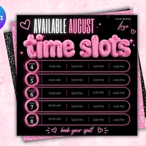 Weekly Availability Appointments Time Slots Flyer Template, Instagram Post, Booking Calendar, Beauty Business