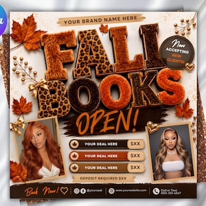 Könnte beinhalten: Ein digitaler Flyer mit dem Text FALL BOOKS OPEN in großen, texturierten 3D-Buchstaben mit Leopardenmuster und flauschigen braunen Oberflächen. Er enthält zwei rechteckige Fotorahmen mit Personen mit langem Haar, Herbstblättern, goldenen Akzenten und Platzhaltern für Angebote.