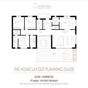 May include: A black and white architectural floor plan titled THE HOME LAYOUT PLANNING GUIDE. The document includes a detailed layout of a house with multiple rooms, a terrace, and text indicating it is a 47-page guide and workbook by Layout Logic.