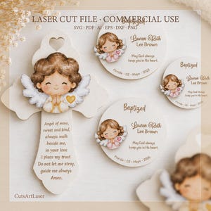 May include: A laser cut file set featuring a cross-shaped ornament with a cartoon angel and prayer text, alongside circular ornaments with angel illustrations, the text Baptized, Lauren Ruth Lee Brown, and the date Florida 02 Mayo 2026.