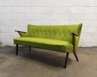 Vintage Danish Wingback Sofa With Teak Arms in the Manner of Kurt Olsen, Reupholstery Included