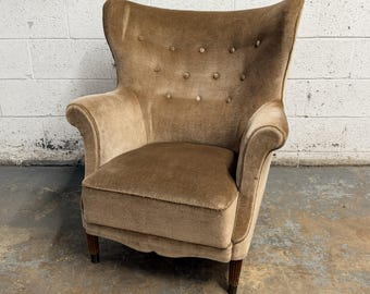 Vintage Danish Modern Mohair Wingback Lounge Chair in the Manner of Fritz Hansen, 1940's