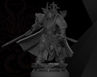 May include: A dark grey miniature figurine of a warrior in ornate plate armour, featuring a winged helmet, a flowing cape, and a long sword held in the right hand. The figure stands on a rocky base, with a small circular emblem in the bottom corner.