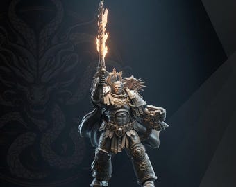 May include: A grey-toned miniature figurine of a warrior in ornate power armour, holding a flaming sword aloft in the right hand and a heavy weapon in the left. The figure features detailed pauldrons, a cape, and a belt with a skull emblem.