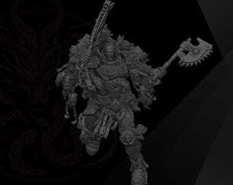 May include: A grey, unpainted miniature figurine of a warrior in ornate, heavy armour. The figure holds a large chain-blade weapon in the right hand and a serrated axe in the left. The armour features intricate details, including skulls and fur.