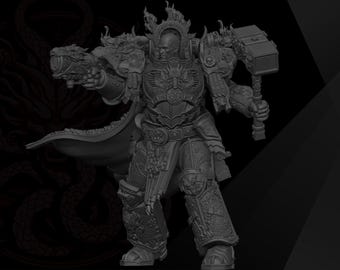 May include: A dark grey miniature figure of a warrior in ornate power armour, holding a large hammer in one hand and a dragon-headed firearm in the other. The figure features intricate dragon motifs on the chest, shoulders, and legs, with a cape.