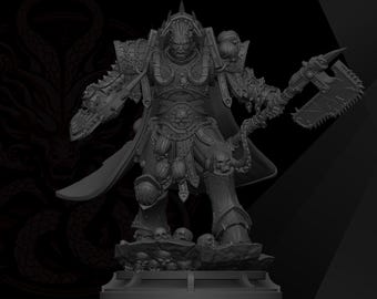 May include: A grey miniature figurine of a warrior in heavy armour, holding a large bladed axe in one hand and a smaller weapon in the other. The figure stands on a base decorated with skulls, wearing ornate pauldrons and a long cloak.