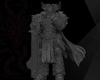 May include: A dark grey miniature figurine of a warrior in ornate plate armour with winged helmet crest, holding a large serrated blade. The figure features detailed pauldrons, a flowing cape, and a belt with a central emblem, rendered in a matte finish.