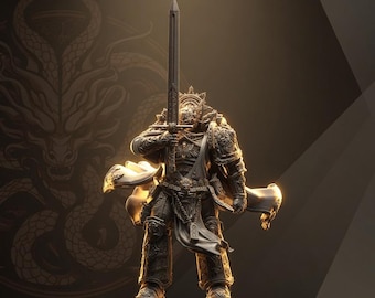 May include: A dark-toned, highly detailed miniature figurine of a warrior clad in ornate, heavy plate armour. The figure stands in a central position, holding a long, straight sword vertically with both hands. A flowing cape extends behind the figure.