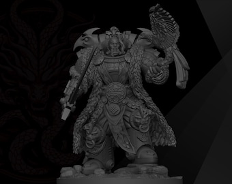 May include: A grey miniature figurine of a warrior in ornate armour featuring fur-lined pauldrons and a long cloak. The figure holds a sword in the right hand and a bird-like creature in the left, with lion-head motifs on the greaves and a belt buckle.