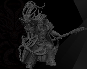 May include: A dark grey resin miniature figure of a warrior in ornate armour, holding an open book in one hand with swirling magical energy effects rising from it, and a long staff with a curved blade in the other hand, featuring intricate details.