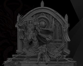 May include: A grey resin miniature diorama featuring a standing armoured warrior with a large clawed gauntlet and a mace, positioned before a fallen winged figure on a platform with a circular archway backdrop and a small dragon emblem.