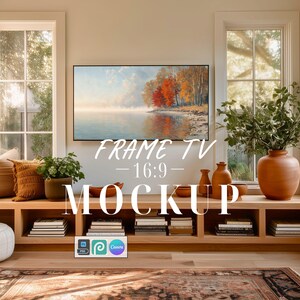 Sunroom Frame TV Mockup | Warm Boho Room with Wood Bench and Terracotta Pots | PSD Smart Object for Etsy Art Sellers