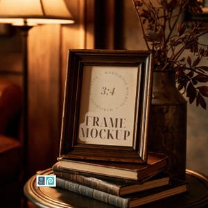 Frame Mockup 3:4 Ratio | Rustic Oak Frame Mockup | Accent Table Wall Art Mockup PSD | Smart Object Mockup | Photoshop Photopea