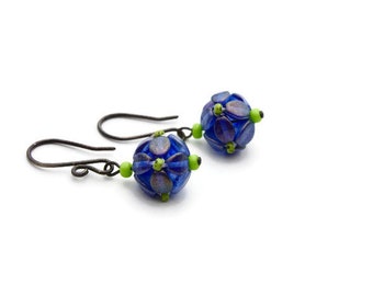 Periwinkle & Green Seed Bead Earrings, Silver Periwinkle and Green Beaded Bead Earrings, Handmade Oxidized Silver Ear Wires, Blue and Green