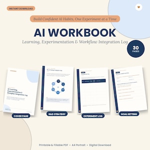 Könnte beinhalten: Ein 30-seitiges KI-Arbeitsbuch als digitaler Download mit Deckblatt, F&E-Strategiebereich mit Adoptionsschleifen-Diagramm, Experimentierprotokoll mit Tabelle und Zielsetzungsseite. Das Dokument ist ein druckbares A4-Hochformat-PDF.