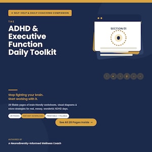 Peut inclure: Un document numérique bleu foncé intitulé The ADHD & Executive Function Daily Toolkit. Il comprend un guide de coaching quotidien, 28 pages de feuilles de travail remplissables, des diagrammes visuels et des micro-stratégies. Téléchargement immédiat.