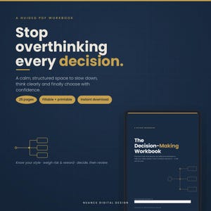Könnte beinhalten: Ein digitales PDF-Arbeitsbuch mit dem Titel Stop overthinking every decision, auf dunkelblauem Hintergrund mit Rasterlinien, weißem und goldenem Text sowie einer Vorschau des Covers The Decision-Making Workbook mit einer Flussdiagramm-Grafik.