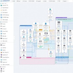 May include: A digital network topology diagram created in Netmapper software, featuring a complex layout of interconnected server icons, blue connection lines, and labeled device blocks organized within distinct rectangular zones on a grid.