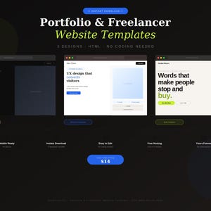 Può includere: Tre modelli di siti web per portfolio e freelance su sfondo scuro. Il testo recita Portfolio & Freelancer Website Templates, 3 designs, HTML, no coding needed, mobile ready, instant download, easy to edit e free hosting.