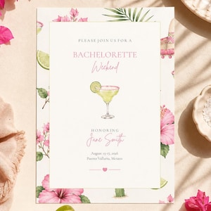 May include: A rectangular bachelorette weekend invitation card featuring a watercolor margarita illustration, pink hibiscus flowers, and green palm leaves. The text reads: Please join us for a bachelorette weekend honoring Jane Smith, August 15-17, 2026, Puerto Vallarta, Mexico.