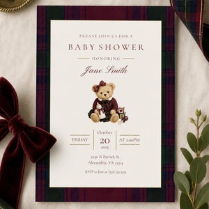 Preppy Teddy Bear Baby Shower Invitation Girl Burgundy Plaid Baby Shower Invite Maroon Bow Classic Equestrian Editable Invite