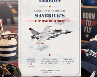 Top One First Birthday Invitation Aviator Airplane Fighter Jet Birthday Party Editable Canva Template Instant Download