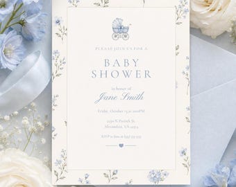 Boy Baby Shower Invitation Blue Floral Baby Shower Invite Neutral Baby Shower Invitation Editable Canva Template Classic Baby Shower