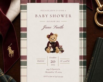 Preppy Girl Baby Shower Invitation Pink Teddy Bear Baby Shower Invite Classic Old Money Baby Shower Editable Canva Template