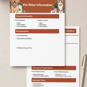 May include: A Pet Sitter Information form printed on white paper with a rust-colored header featuring illustrations of a golden retriever and a tabby cat. The document includes sections for contact details, pet information, and emergency preparedness.