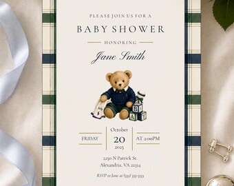 Preppy Boy Baby Shower Invitation Blue Teddy Bear Baby Shower Invite Classic Old Money Baby Shower Editable Canva Template
