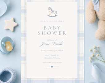 Blue Baby Shower Invitation Boy Baby Shower Invite Neutral Floral Baby Shower Editable Canva Template Classic Baby Shower