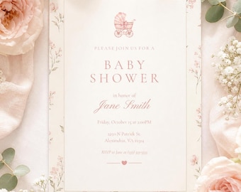 Girl Baby Shower Invitation Pink Floral Baby Shower Invite Neutral Baby Shower Invitation Editable Canva Template Classic Baby Shower