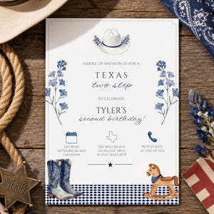 Inbjudan till Texas Two Step andra födelsedag, redigerbar cowboy 2-årsdagsinbjudan, western rodeoparty, Canva-mall, direktnedladdning