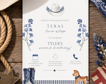 Texas Two Step Second Birthday Invitation Editable Cowboy 2nd Birthday Invite Western Rodeo Party Canva Template Instant Download