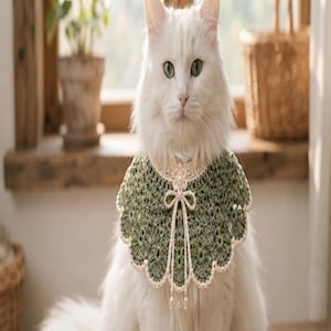 May include: A long-haired white cat wearing a decorative crochet collar. The collar is sage green with a scalloped edge, trimmed in cream-colored yarn, and features a central cream bow with small dangling beads at the bottom of the tie.
